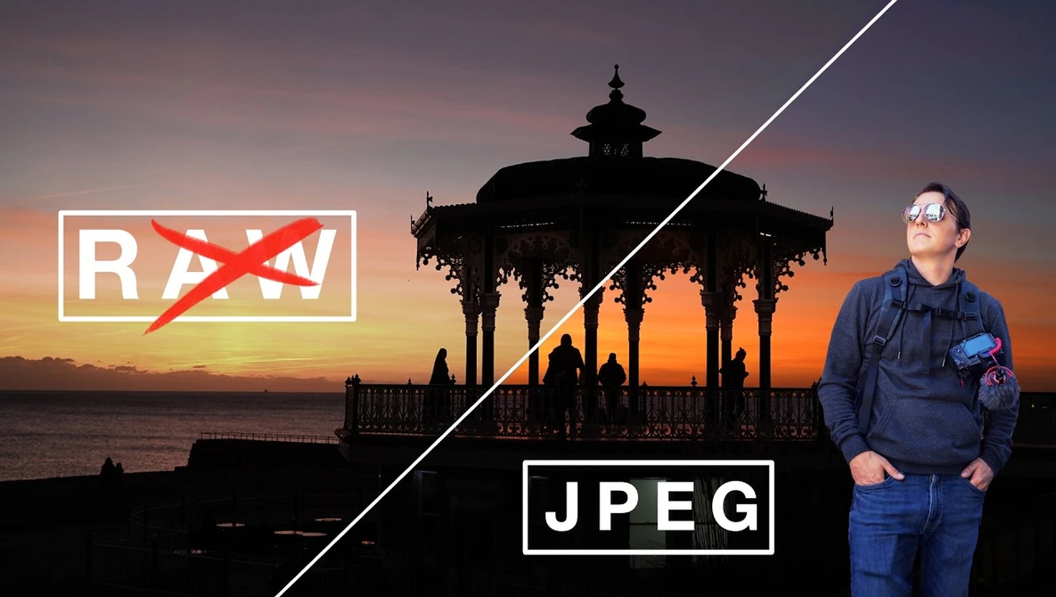 Graphic comparing RAW and JPEG file formats with a silhouetted bandstand at sunset.