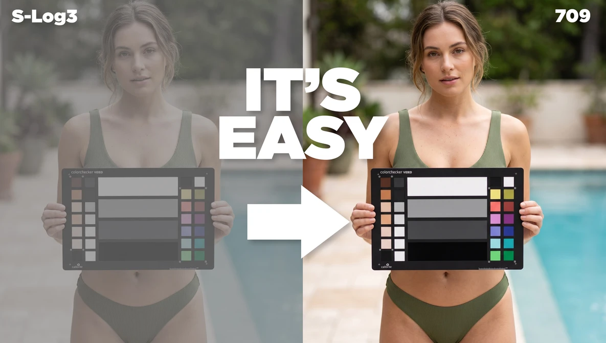 Graphic showing before and after color correction comparison with color checker chart