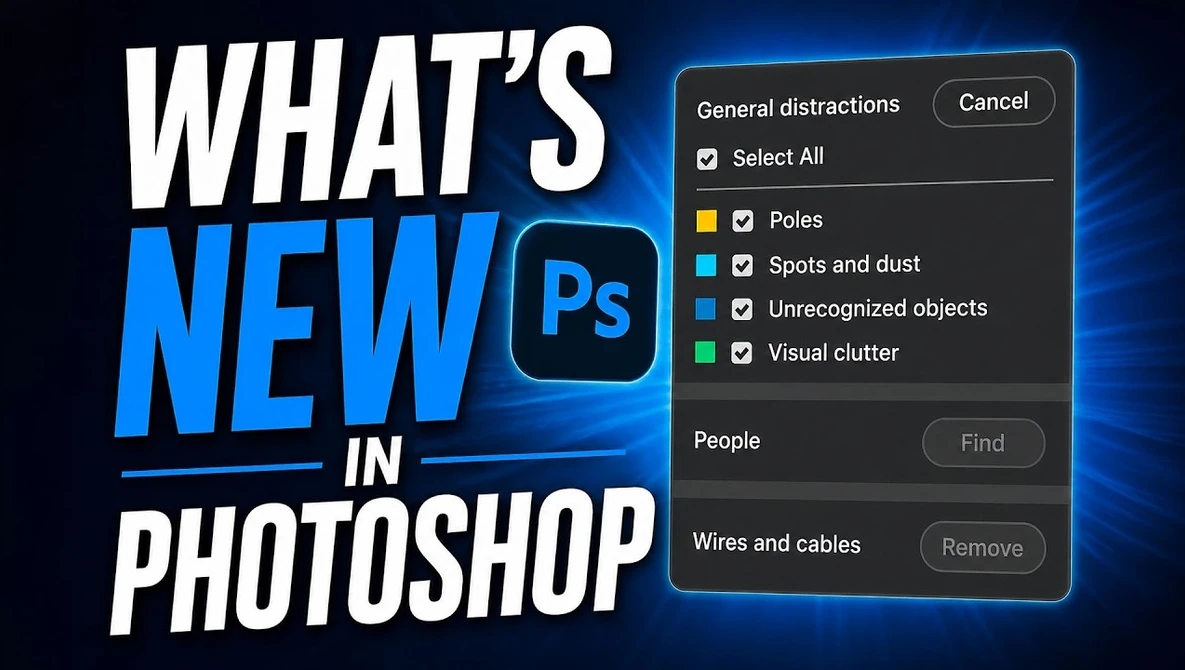 Screenshot of Photoshop's generalized distraction removal dialog with checkboxes for Poles, Spots and dust, Unrecognized objects, and Visual clutter.