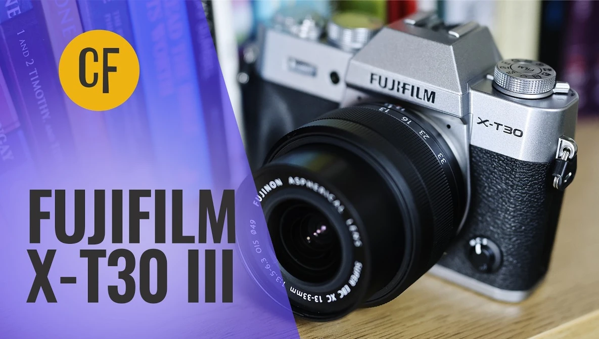 Fujifilm X-T30 II camera with interchangeable lens displayed alongside smaller X-T30 model