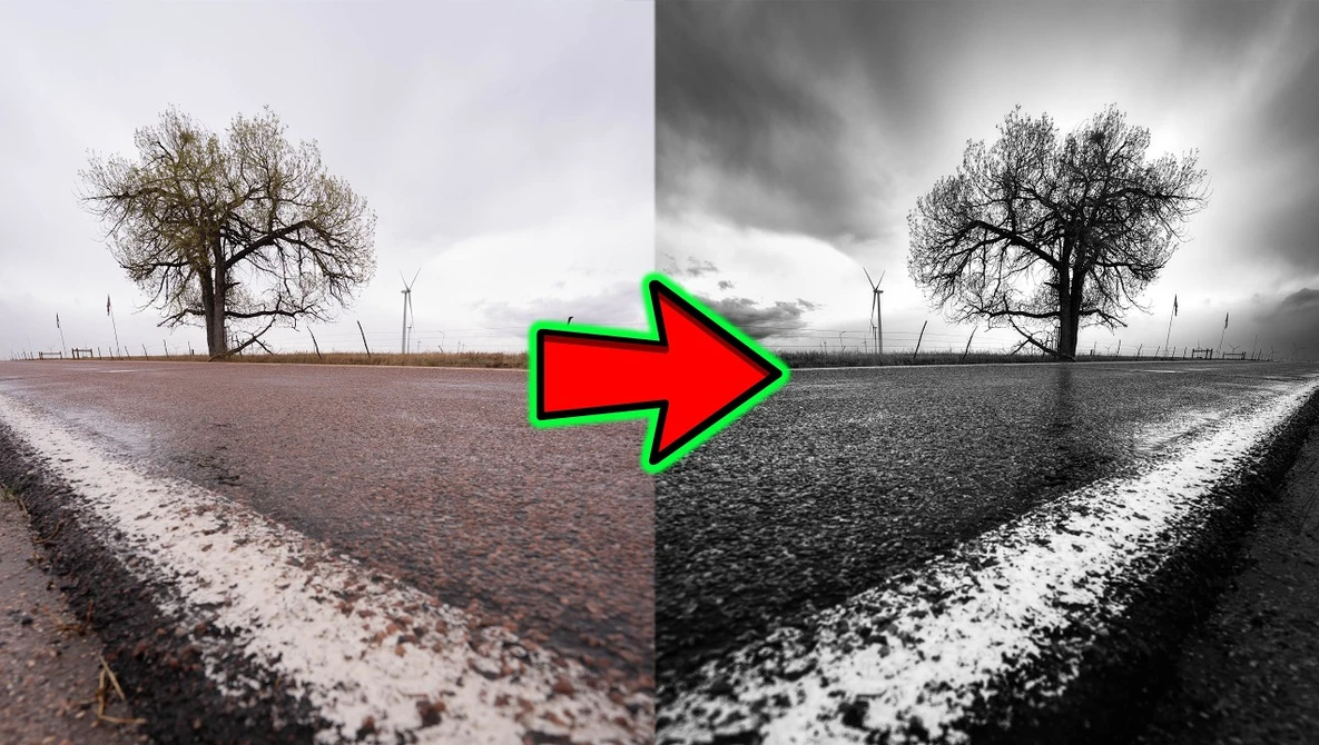 Side-by-side comparison showing contrast adjustment in landscape photography, with green arrow indicating transformation