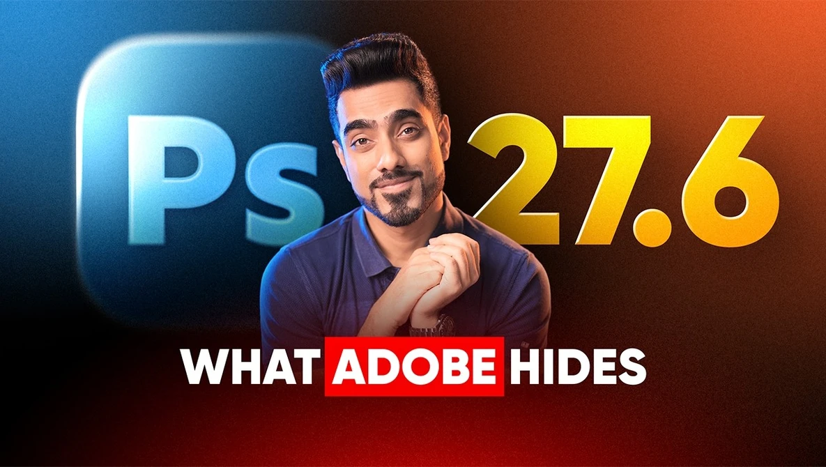 Graphic for Photoshop 27.6 tutorial featuring male instructor pointing at camera