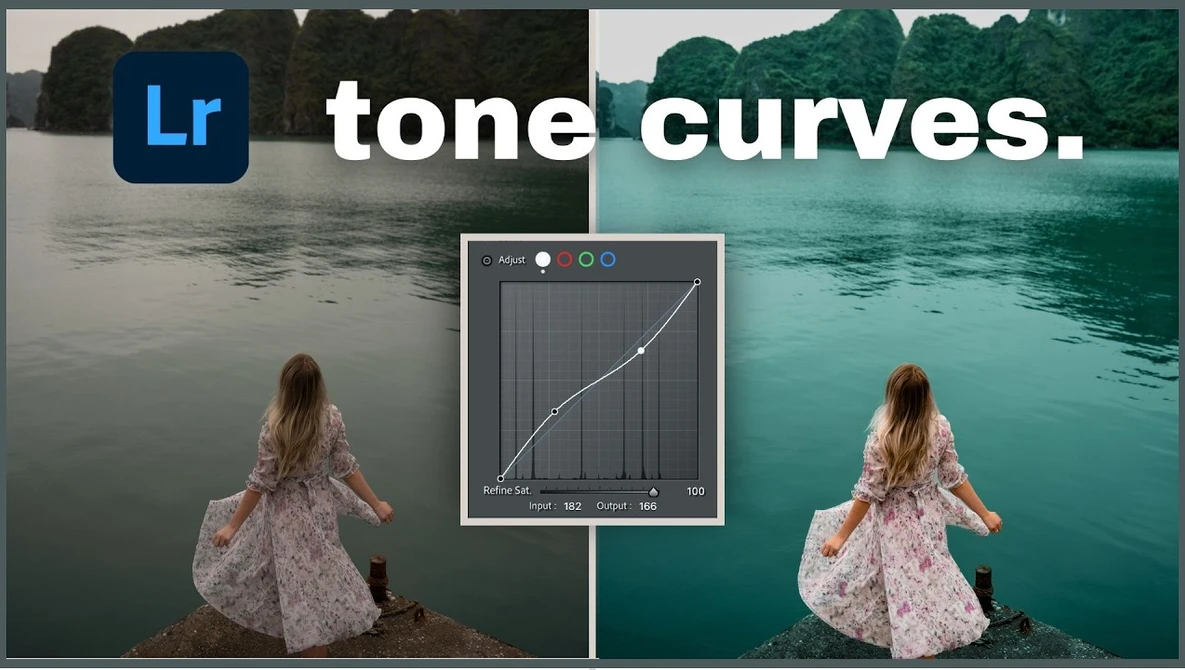 Lightroom tone curves adjustment interface showing before and after comparison of a woman by a tropical lagoon