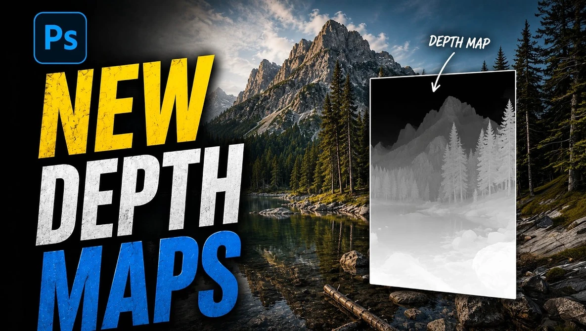 Graphic showcasing Photoshop's new depth maps feature with a mountain landscape photo and grayscale depth map preview