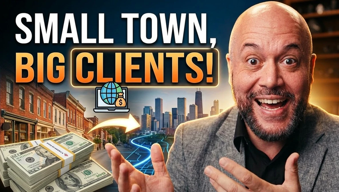Graphic illustration featuring enthusiastic man promoting small town business growth with big city clients
