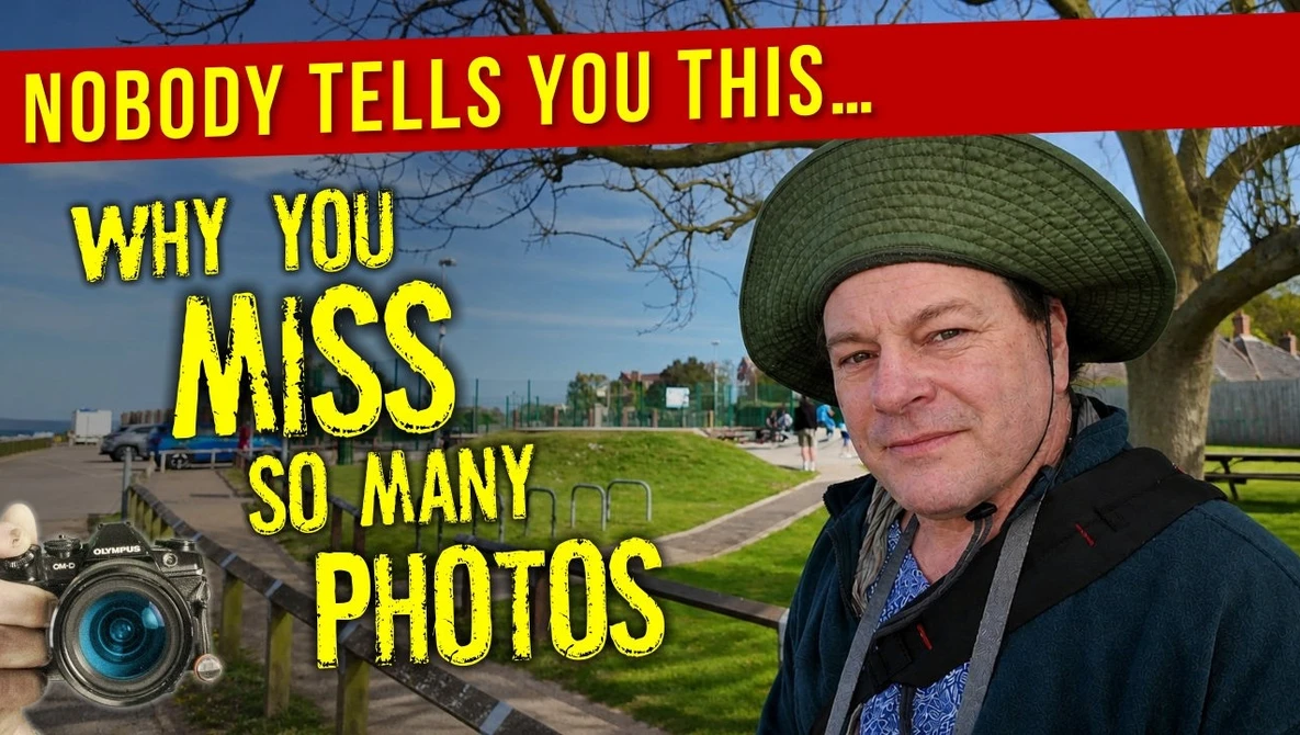 Graphic with man in green hat holding camera, overlaid with yellow text about photography