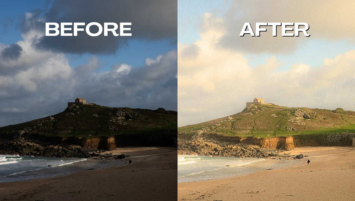 Before and after comparison of coastal beach scene with castle ruins on hillside