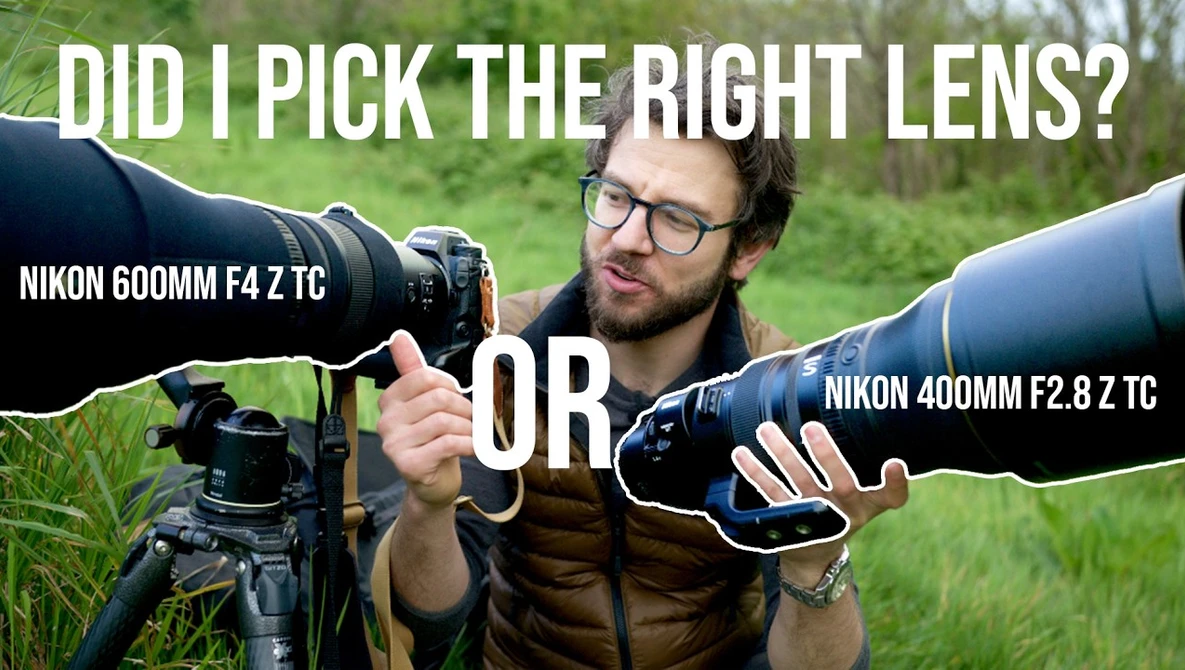 Photographer holding Nikon 600mm F4 Z TC and 400mm F2.8 Z TC lenses outdoors with text overlay asking about lens choice