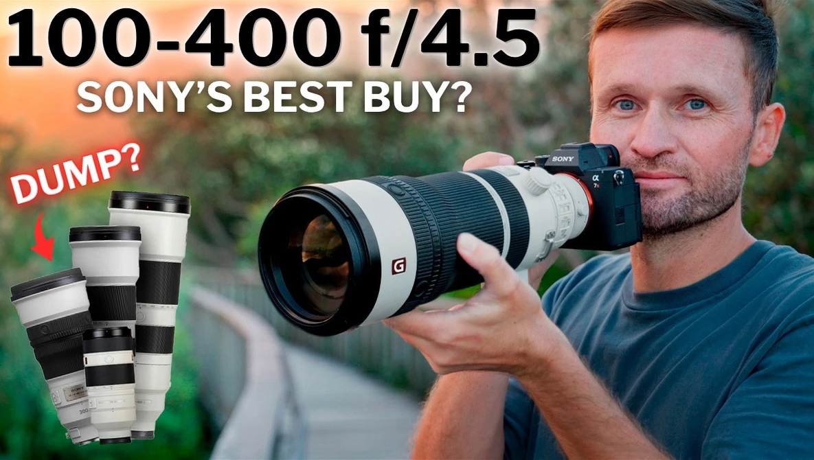 Photographer holding Sony 100-400mm f/4.5 lens with comparison of other Sony lenses displayed