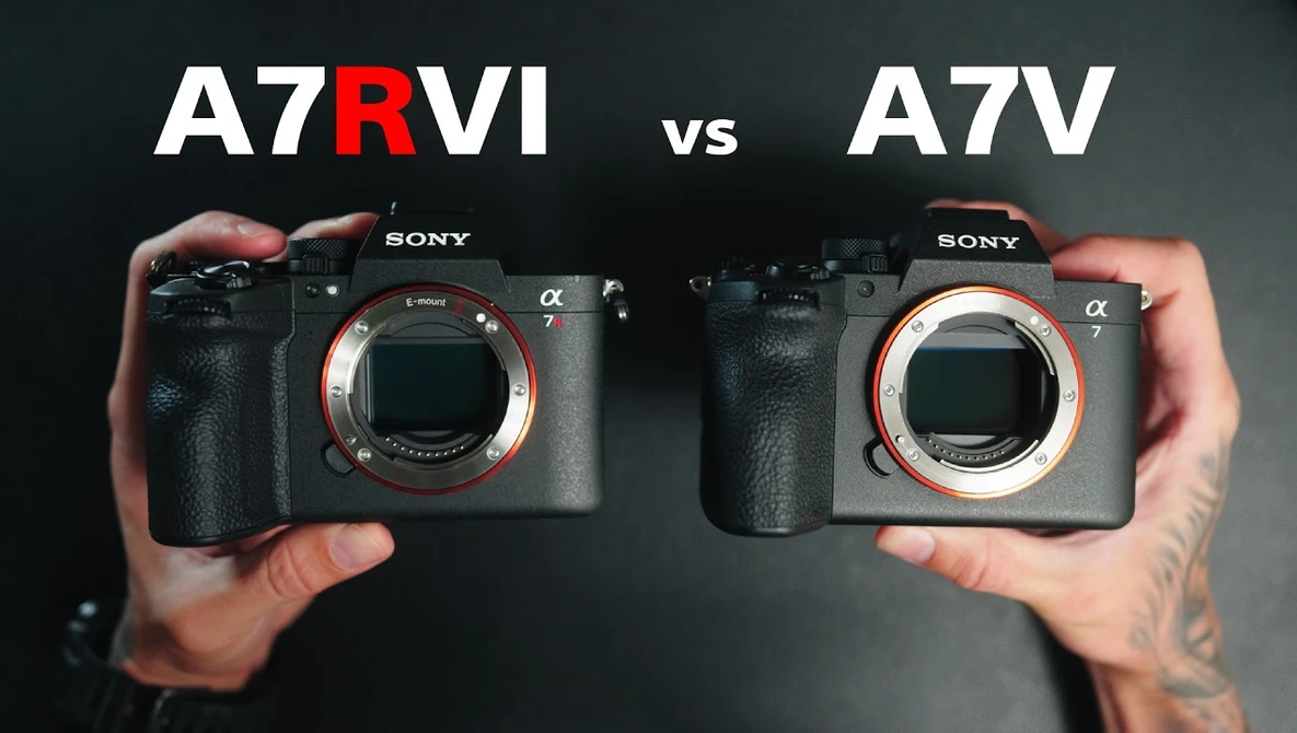Comparison graphic of two Sony Alpha cameras held side-by-side showing A7RVI and A7V models
