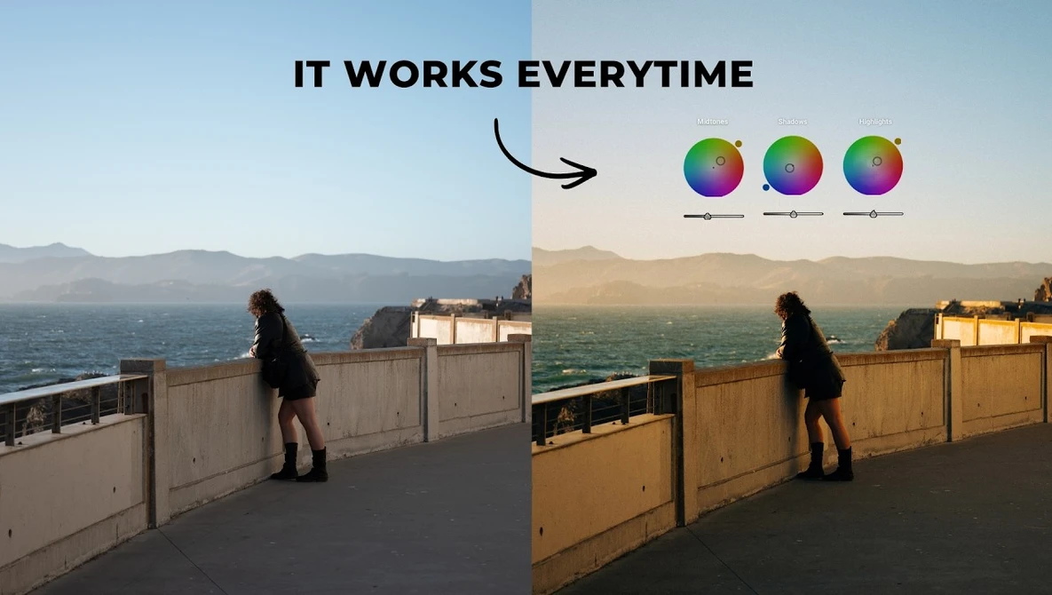 Graphic demonstrating color grading comparison with before/after pier scene and color wheel variations
