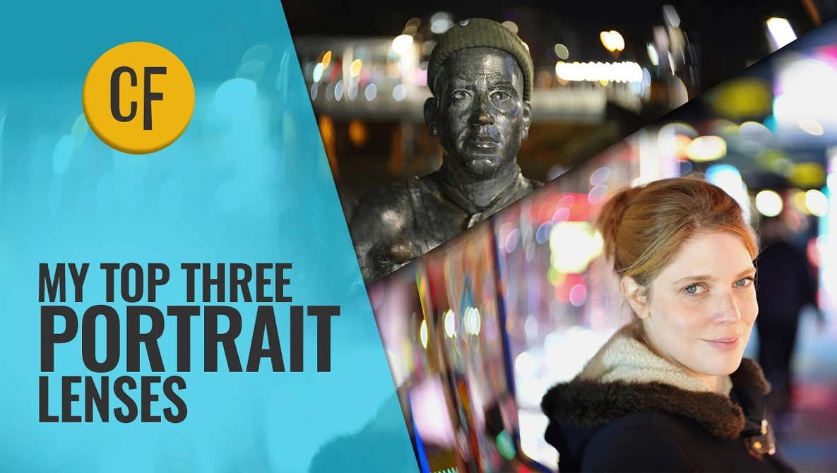 Graphic displaying portrait photography guide with statue and woman's portrait examples