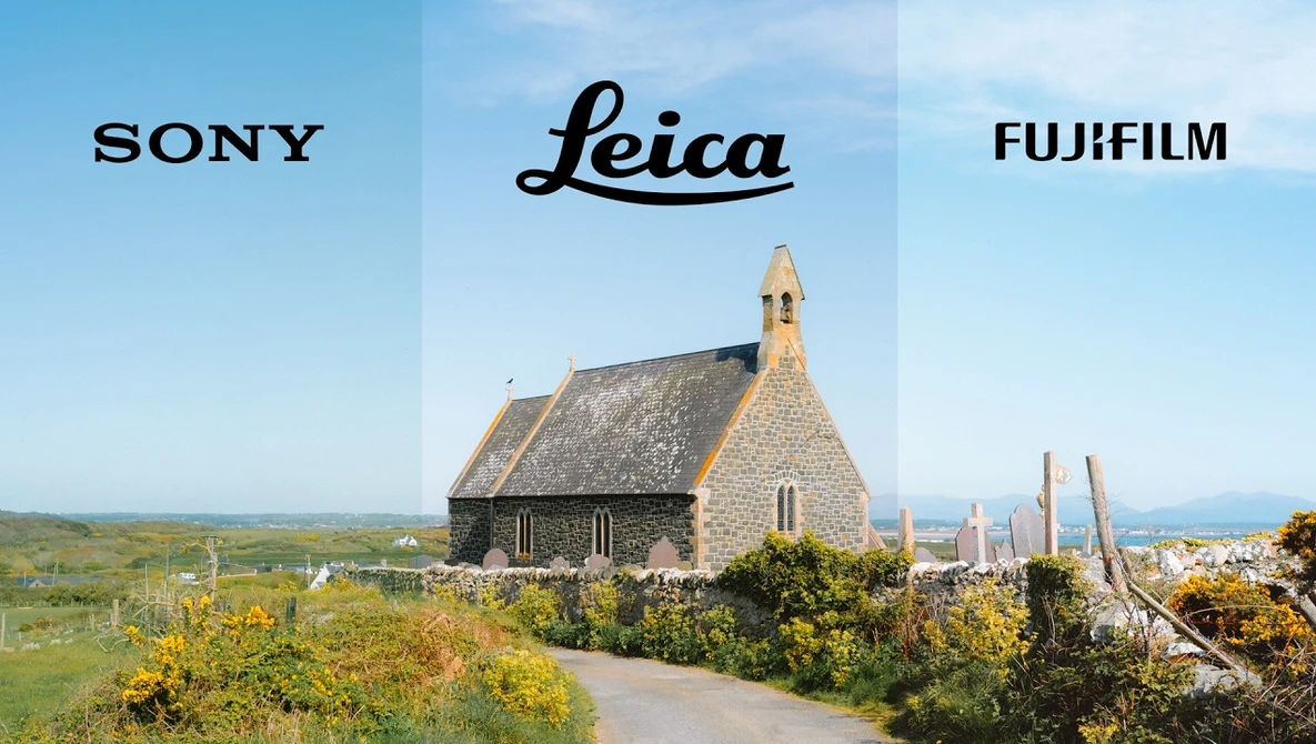 Comparison graphic showing Sony, Leica, and Fujifilm logos above a coastal landscape with a stone church