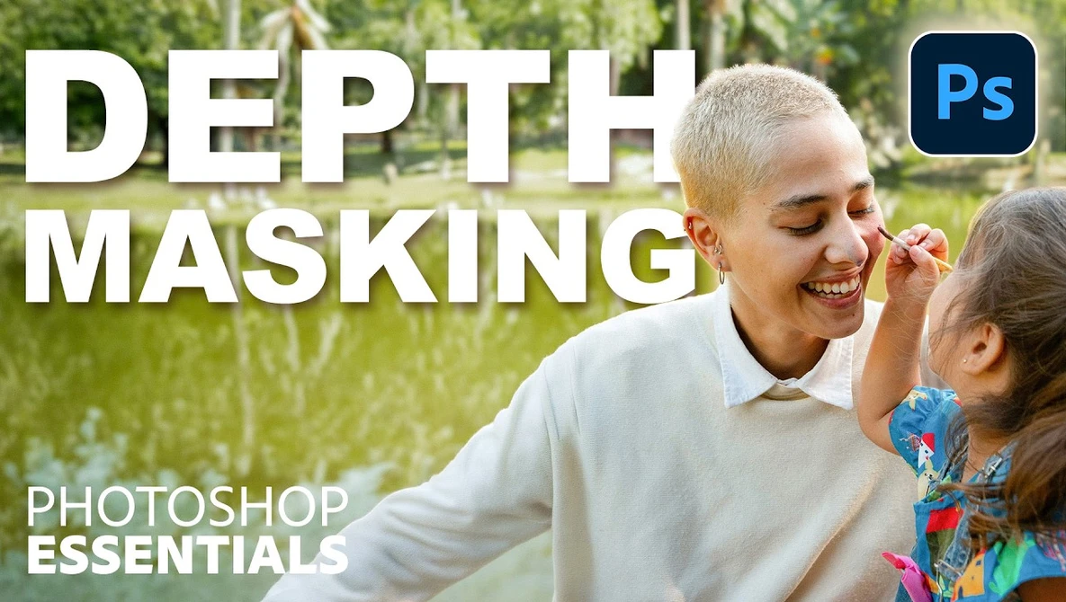 Screenshot showing Photoshop's Depth Masking tutorial with a woman and child outdoors