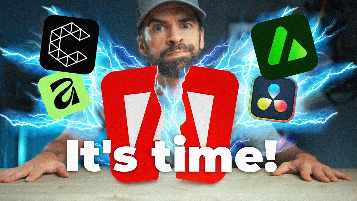 Graphic illustration of a man wearing a red jacket and white cap surrounded by software application icons and blue lightning effects