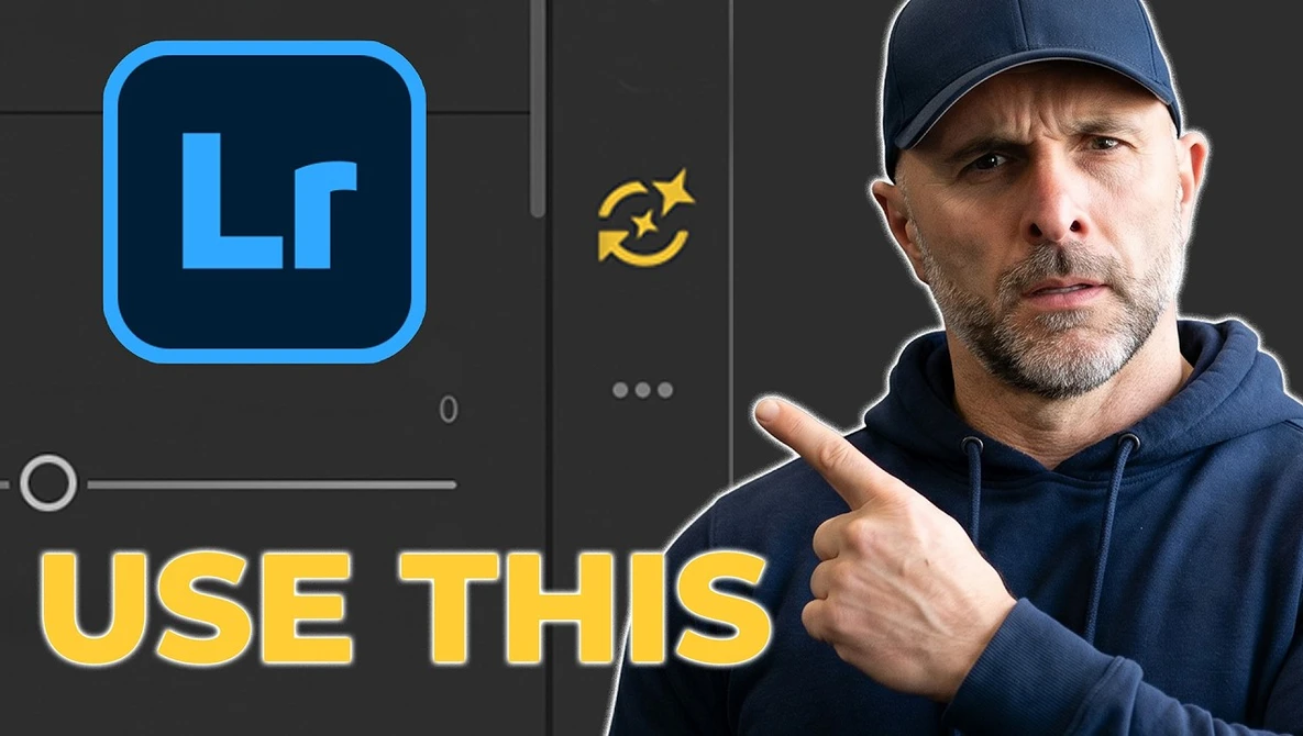 Screenshot of Adobe Lightroom interface with a man in a navy cap pointing at the screen