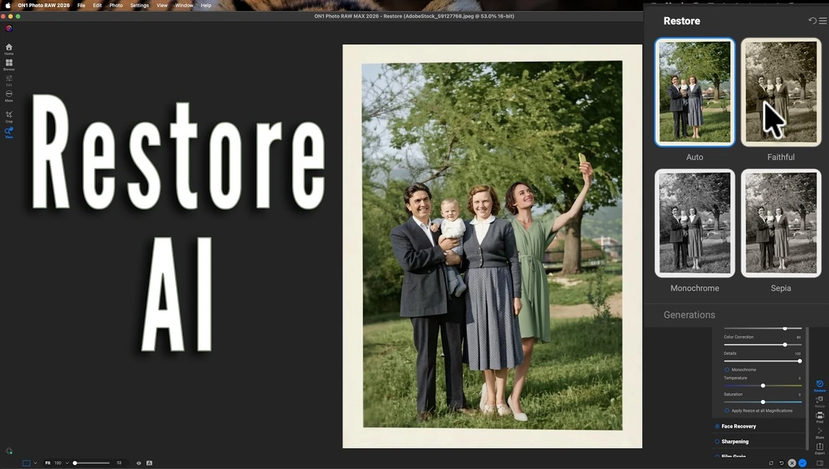 Screenshot of Restore AI software interface showing photo restoration examples with before-and-after filter options