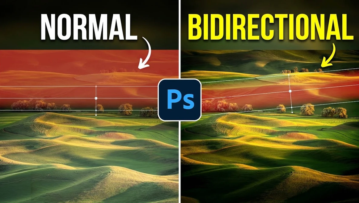 Side-by-side comparison graphic showing normal vs. bidirectional effects in Photoshop on landscape image