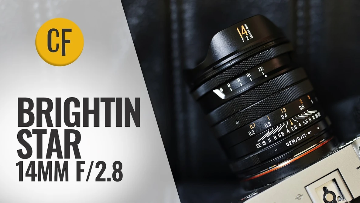 Brightin Star 14mm f/2.8 lens displayed with CF logo and product name overlay