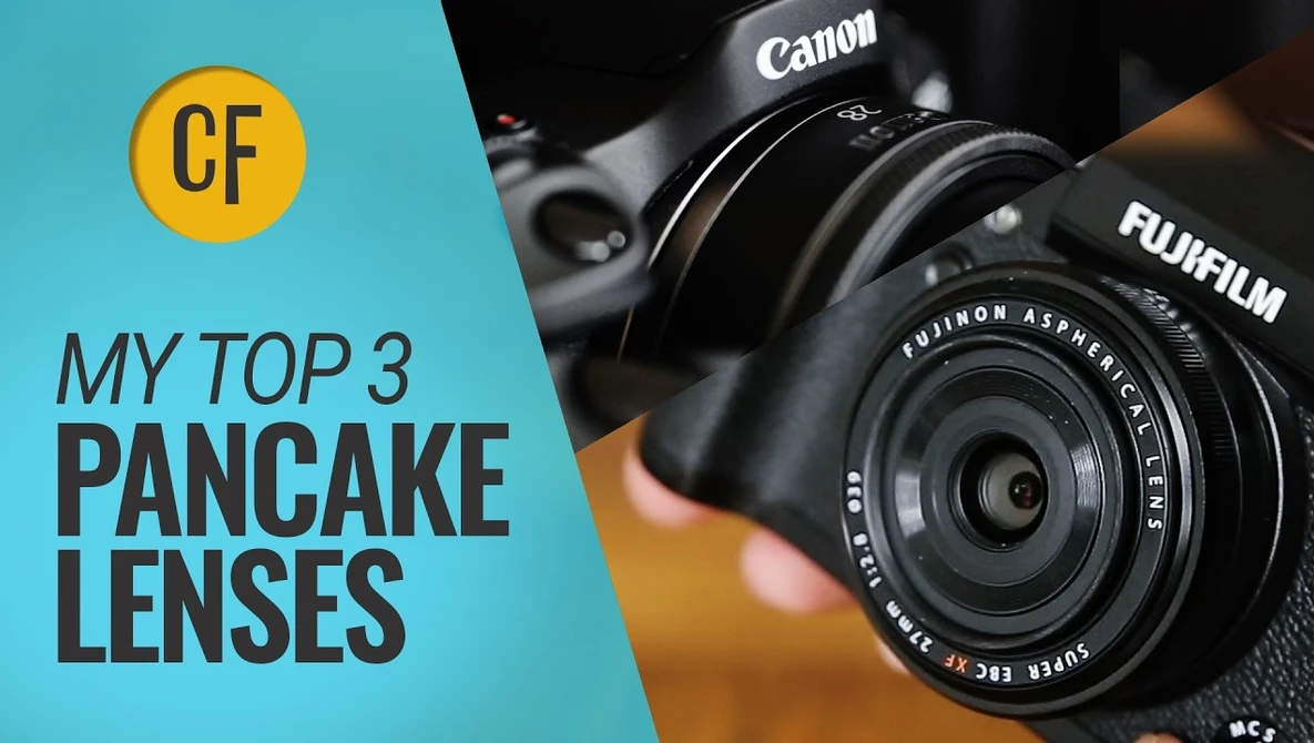 Canon camera with Fujifilm lens held in hands against turquoise and yellow background with CF logo
