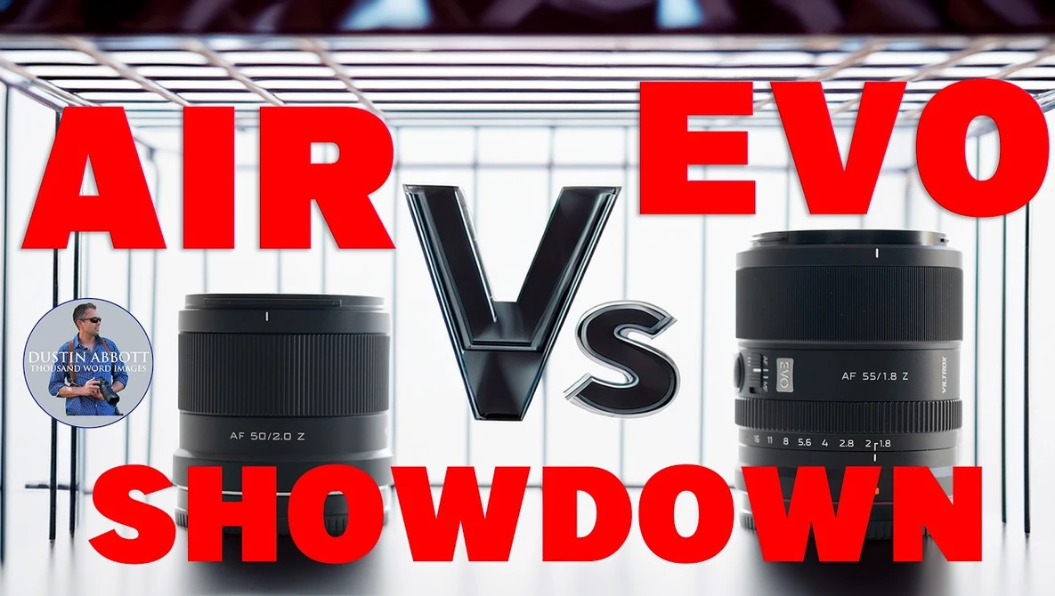 Graphic comparing two camera lenses labeled AIR and EVO with large VS text between them