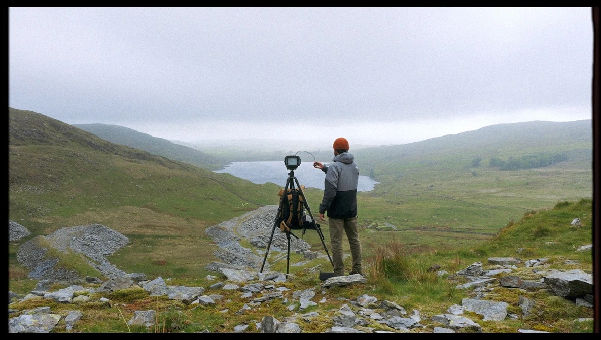 Photographer with tripod-mounted camera surveying mountainous valley landscape