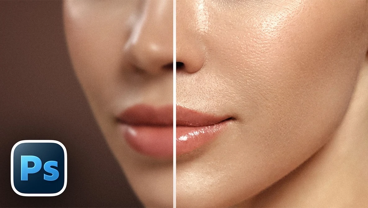 Before and after split-screen comparison of skin retouching in Adobe Photoshop