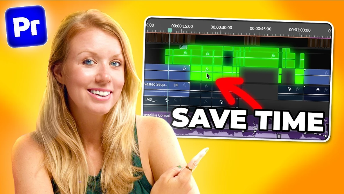 Screenshot graphic showing Adobe Premiere Pro timeline with editing interface and 'SAVE TIME' text overlay