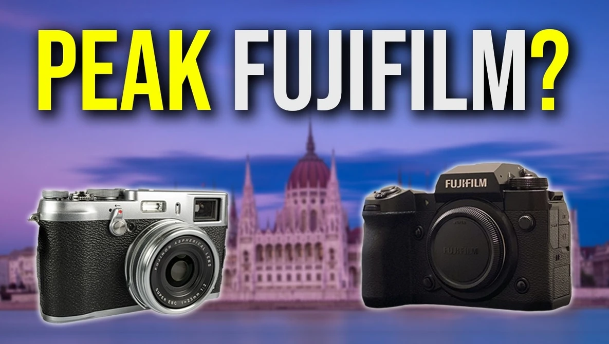 Graphic comparing two Fujifilm cameras against Budapest cityscape backdrop