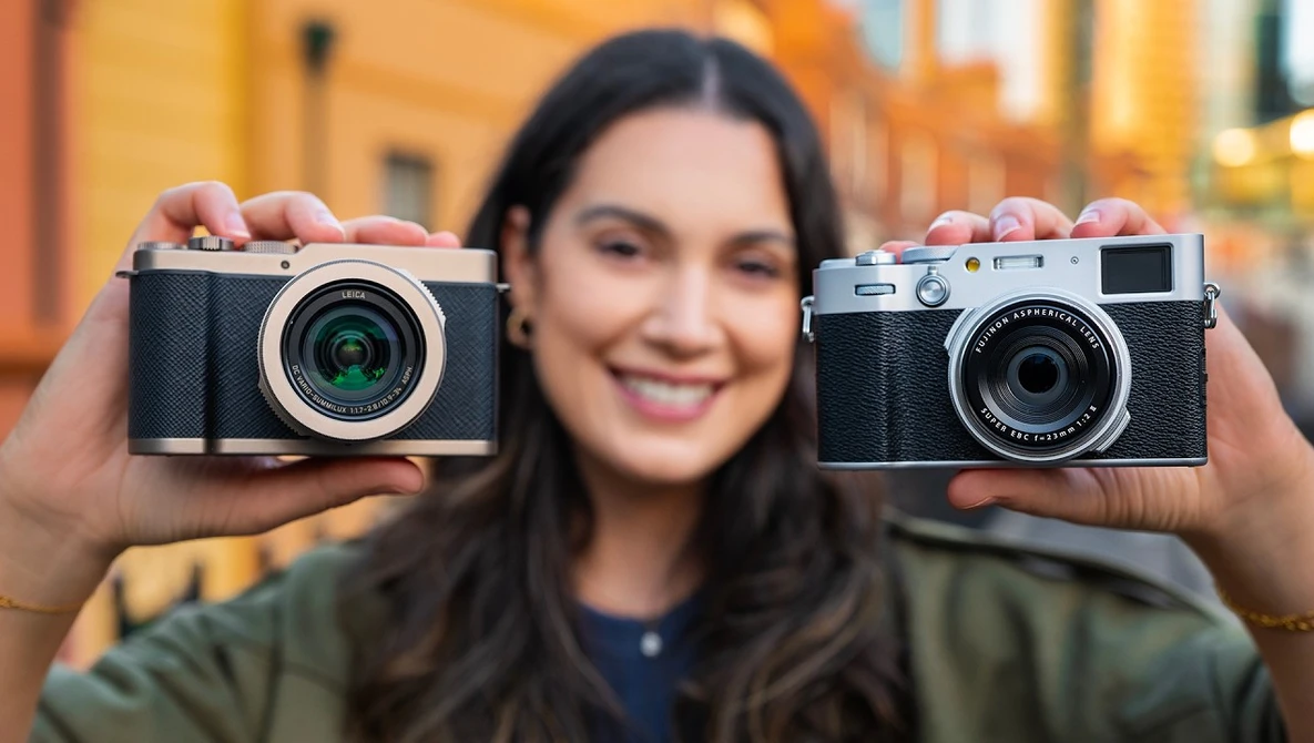 Woman holding two vintage rangefinder cameras side by side