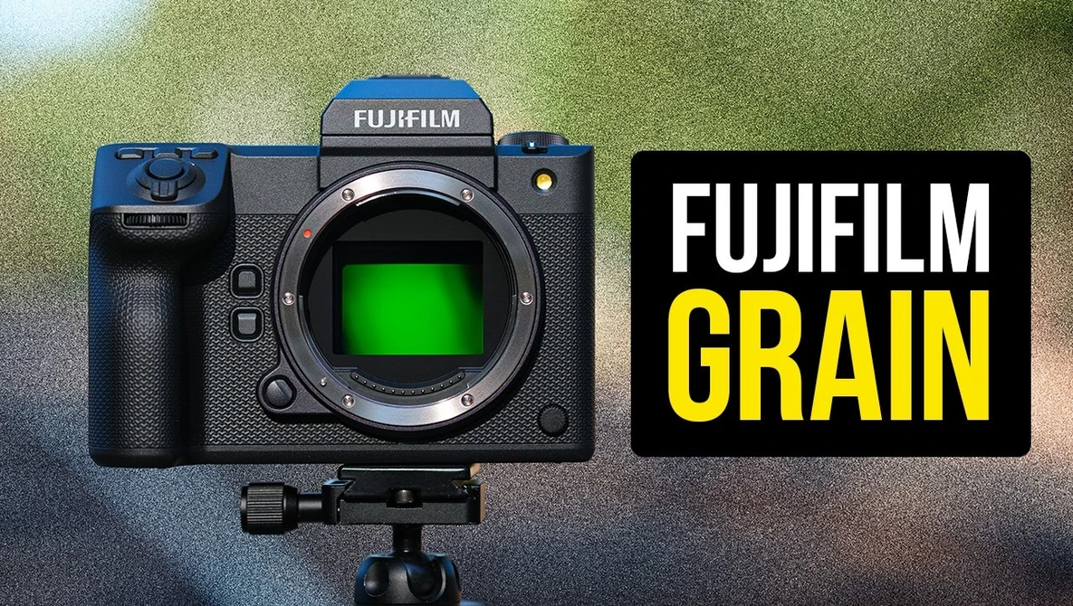 Fujifilm medium format camera with green sensor display and 'Fujifilm Grain' text overlay graphic