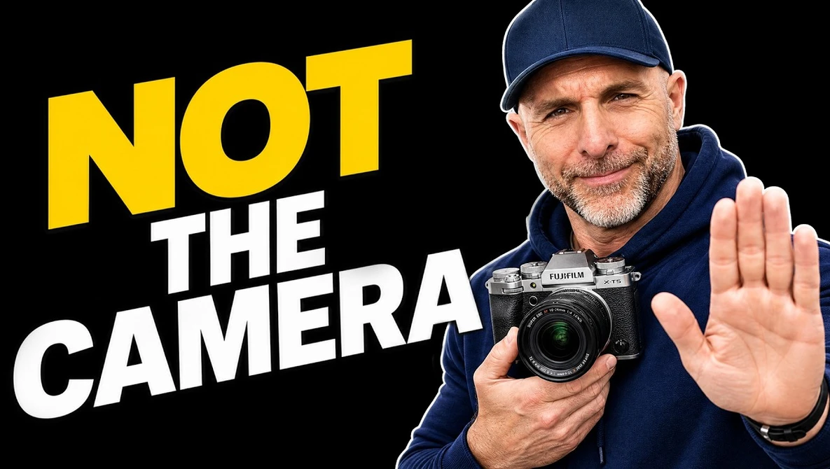 Man in navy cap and jacket holding a Fujifilm camera with palm raised, with yellow and white text reading 'NOT THE CAMERA'