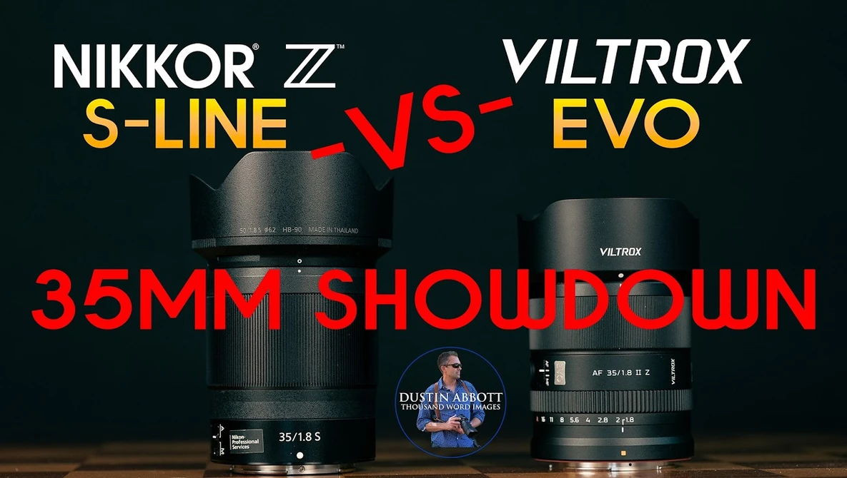 Graphic comparing Nikkor Z S-Line 35mm lens versus Viltrox EVO 35mm lens with product images and branding