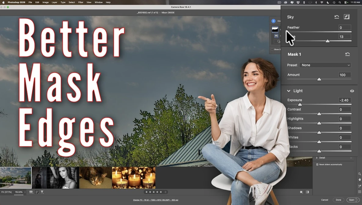 Screenshot of Photoshop interface showing mask edge refinement tutorial with woman outdoors