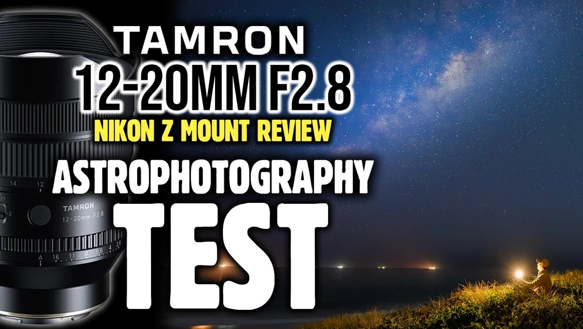 Tamron 12-20mm F2.8 lens with Nikon Z mount positioned left of a nighttime landscape featuring the Milky Way galaxy and distant lights