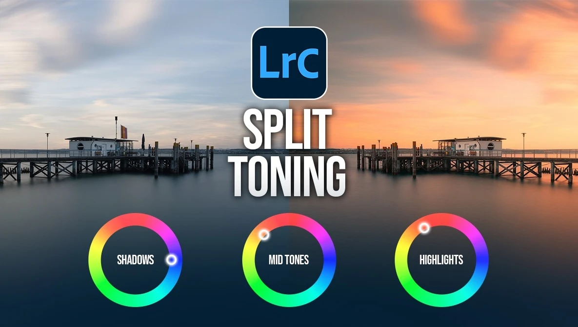 Screenshot of Adobe Lightroom Classic split toning interface with shadows, midtones, and highlights controls