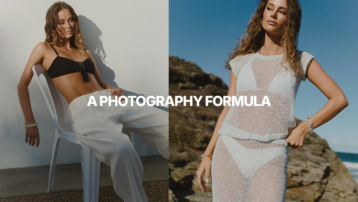 Split-screen fashion photography comparison showing two women in minimal beachwear against contrasting backgrounds