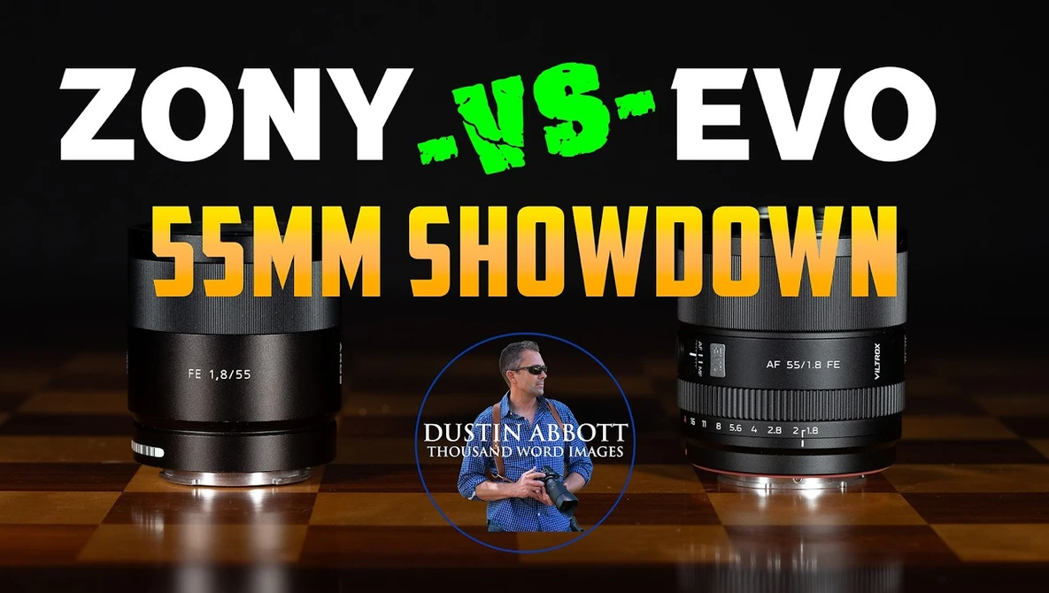 Graphic comparing two 55mm lenses: Zony and US-EVO, displayed side by side with dramatic lighting