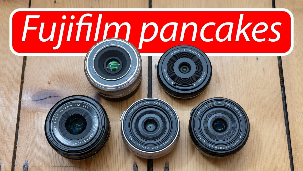 Five Fujifilm pancake lenses arranged on wooden surface with red text overlay
