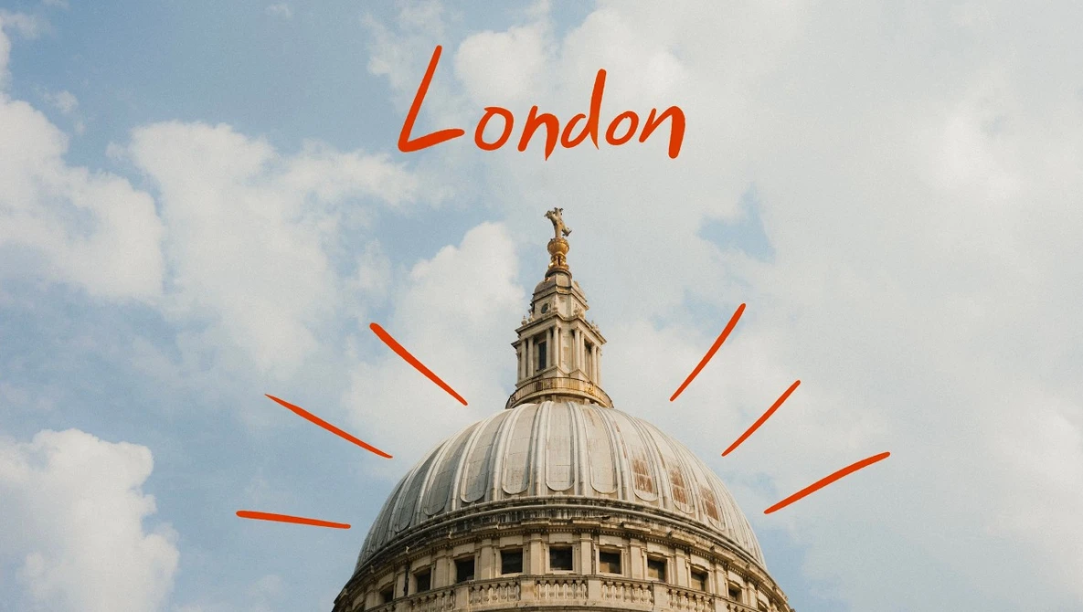 St. Paul's Cathedral dome with red radiating lines and 'London' text overlay