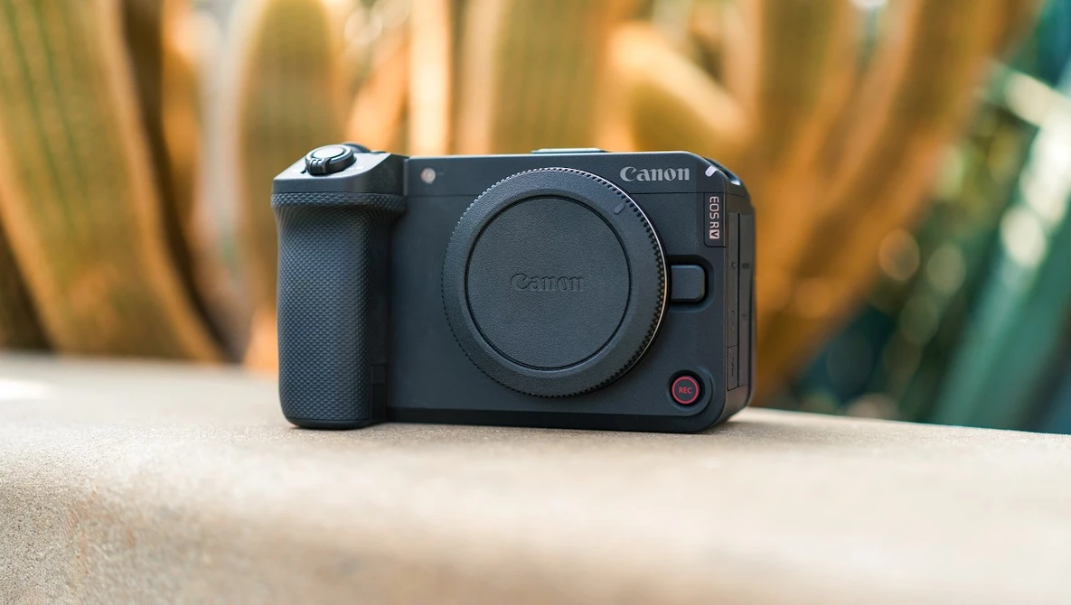 Canon EOS R5C mirrorless camera body displayed on concrete surface