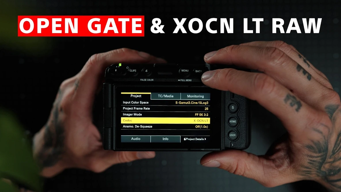 Screenshot of camera menu showing Open Gate and XOCN LT RAW settings displayed on camera LCD screen
