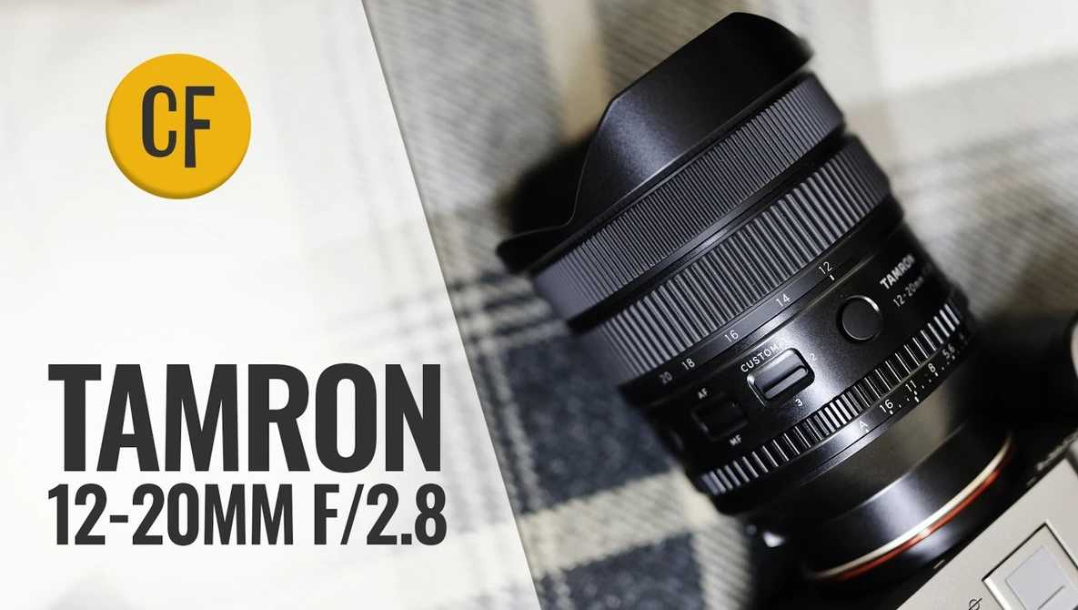Tamron 12-20mm f/2.8 wide-angle zoom lens with lens hood attached