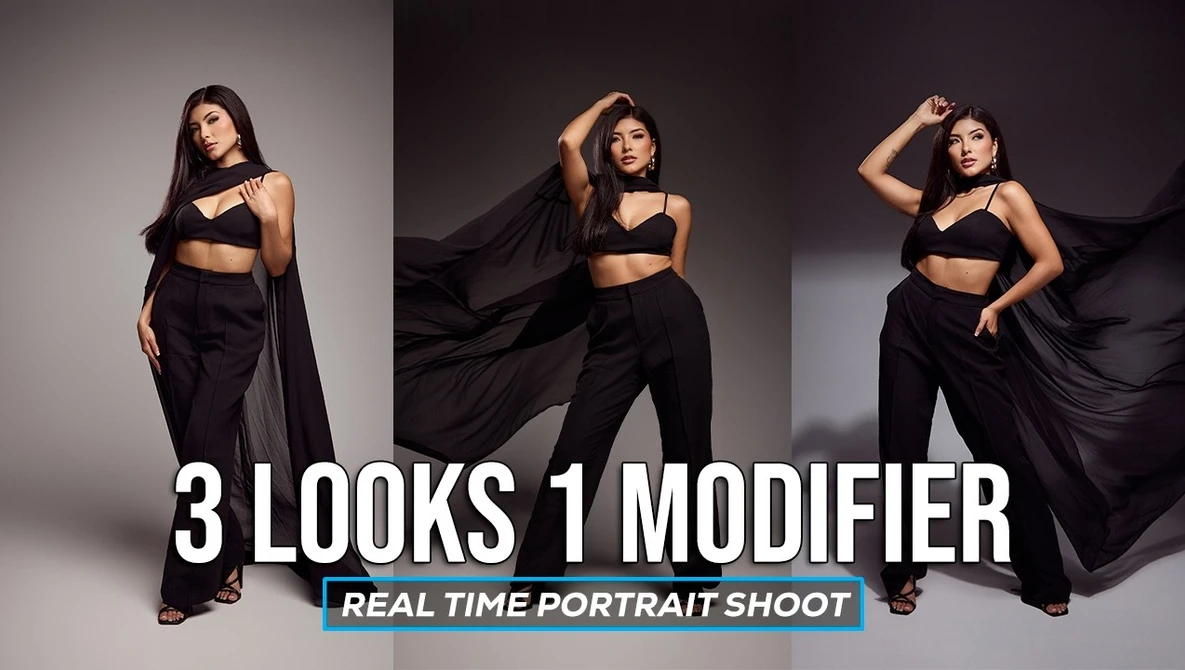 Female model in black crop top and pants styled three ways with flowing fabric against neutral backdrop