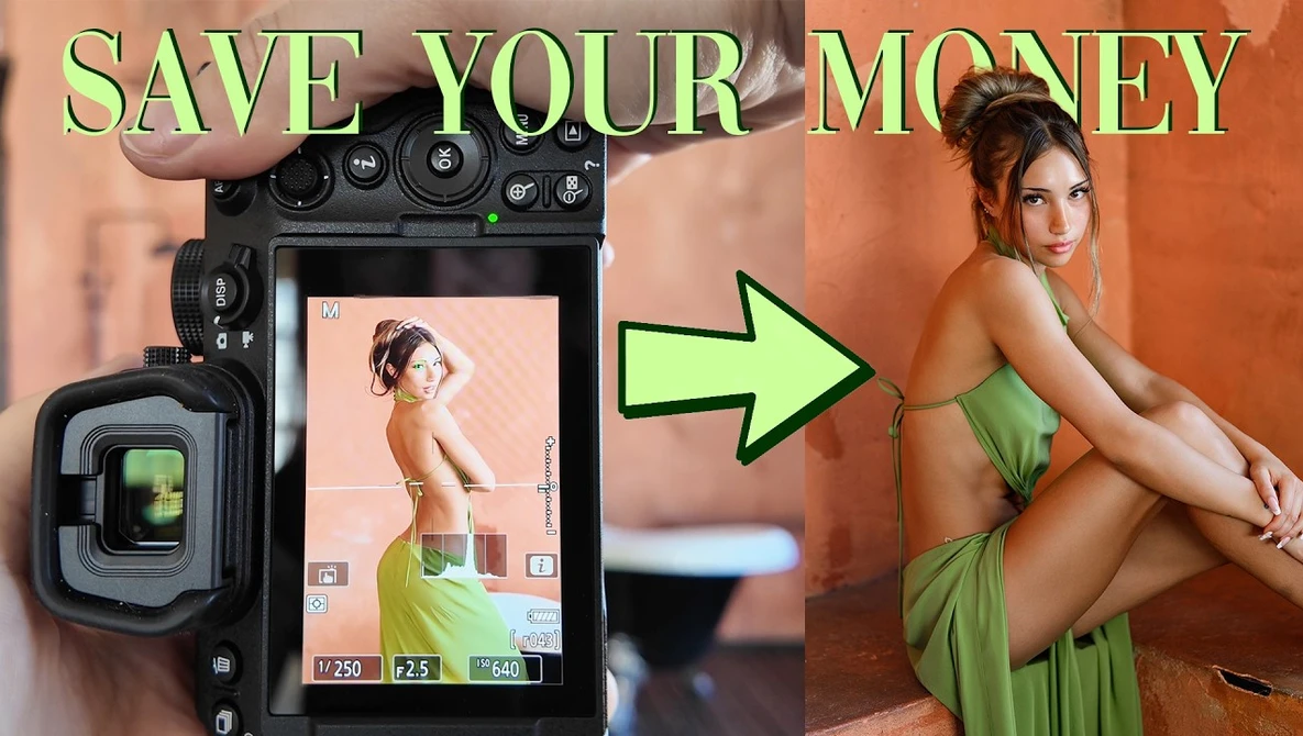 Graphic comparing professional camera setup to final portrait result with 'Save Your Money' text