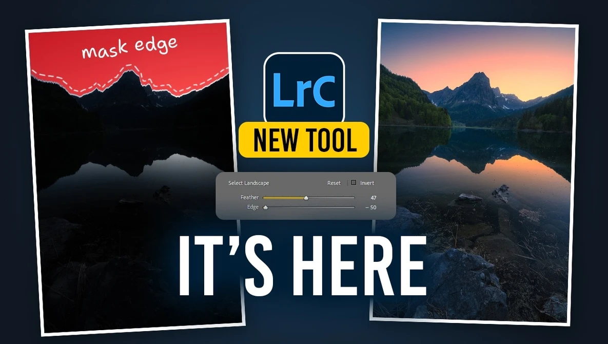 Graphic announcing new Lightroom Classic mask edge tool with before/after landscape photos