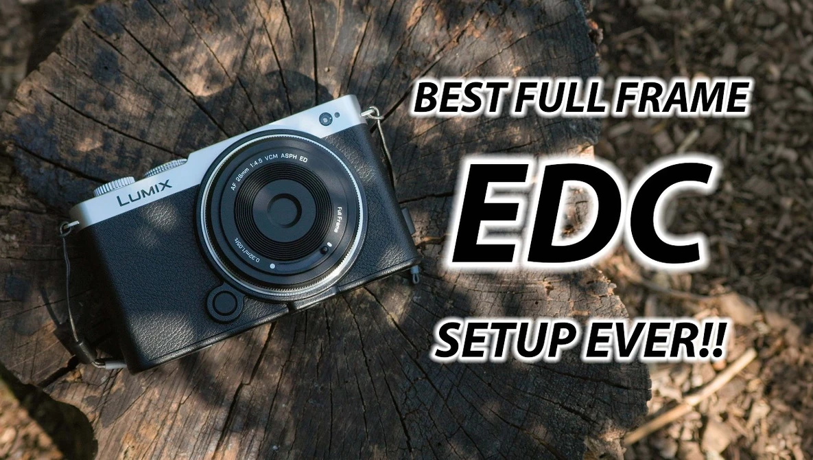 Panasonic Lumix camera positioned on a tree stump with overlay text reading "BEST FULL FRAME EDC SETUP EVER!!"