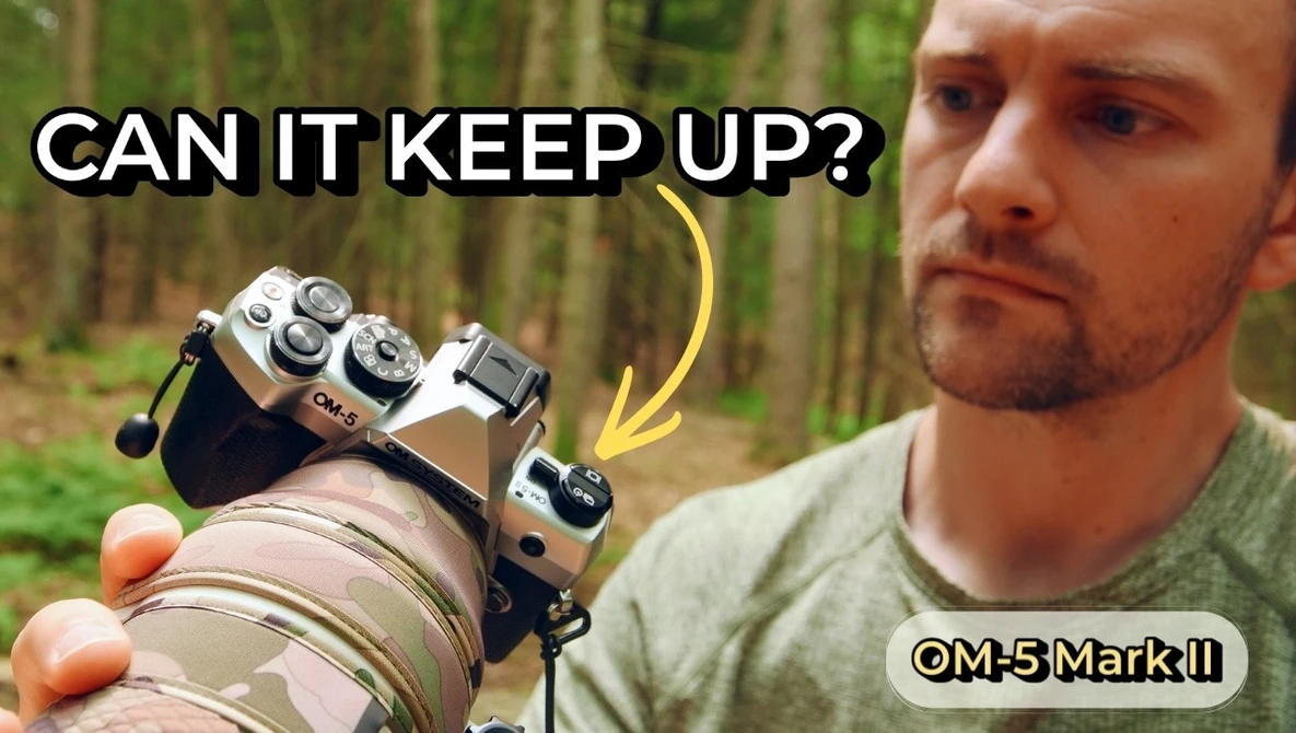 Meme showing man with OM-5 Mark II camera asking if it can keep up