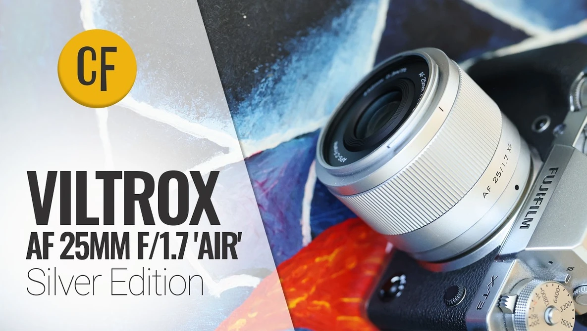 Viltrox AF 25mm f/1.7 Air Silver Edition lens displayed with colorful abstract background