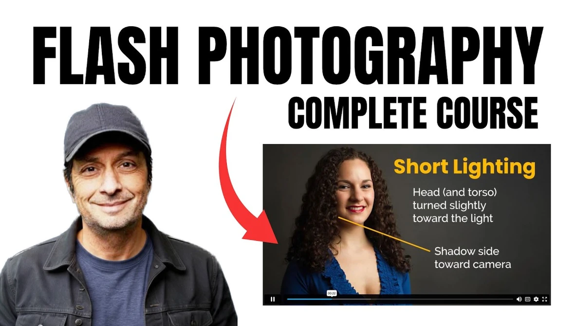 Graphic for Flash Photography Complete Course showing instructor portrait and short lighting diagram